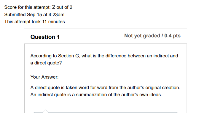 Section G: Quoting/Works Cited Quiz