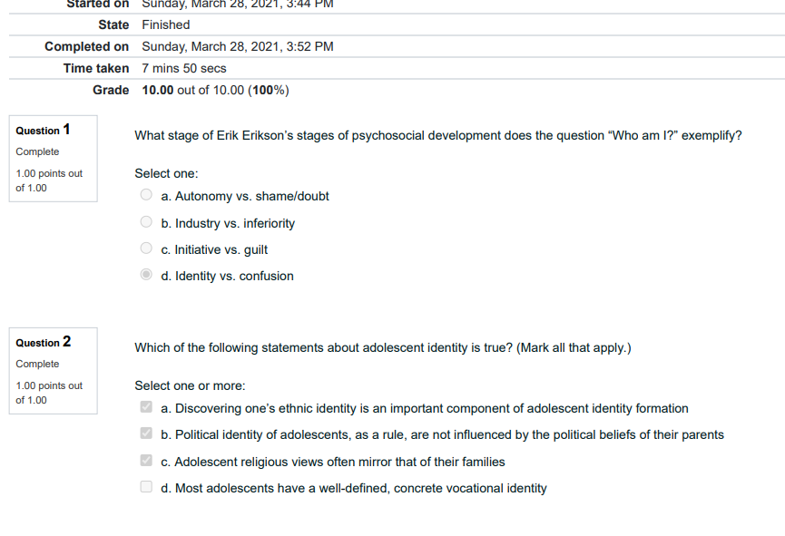 Quiz - Adolescence: Psychosocial Development: